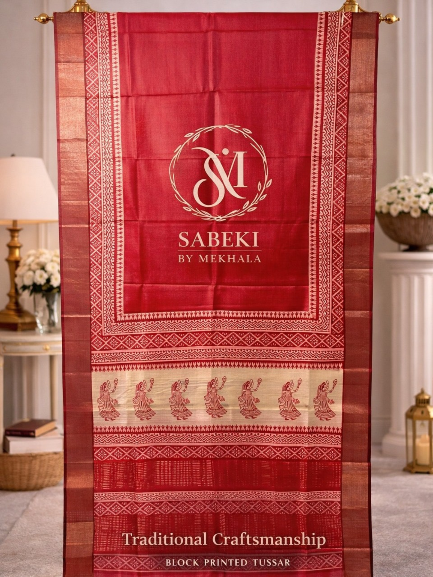 Tomato Red Hand Block Printed Pure Tussar with off white Border