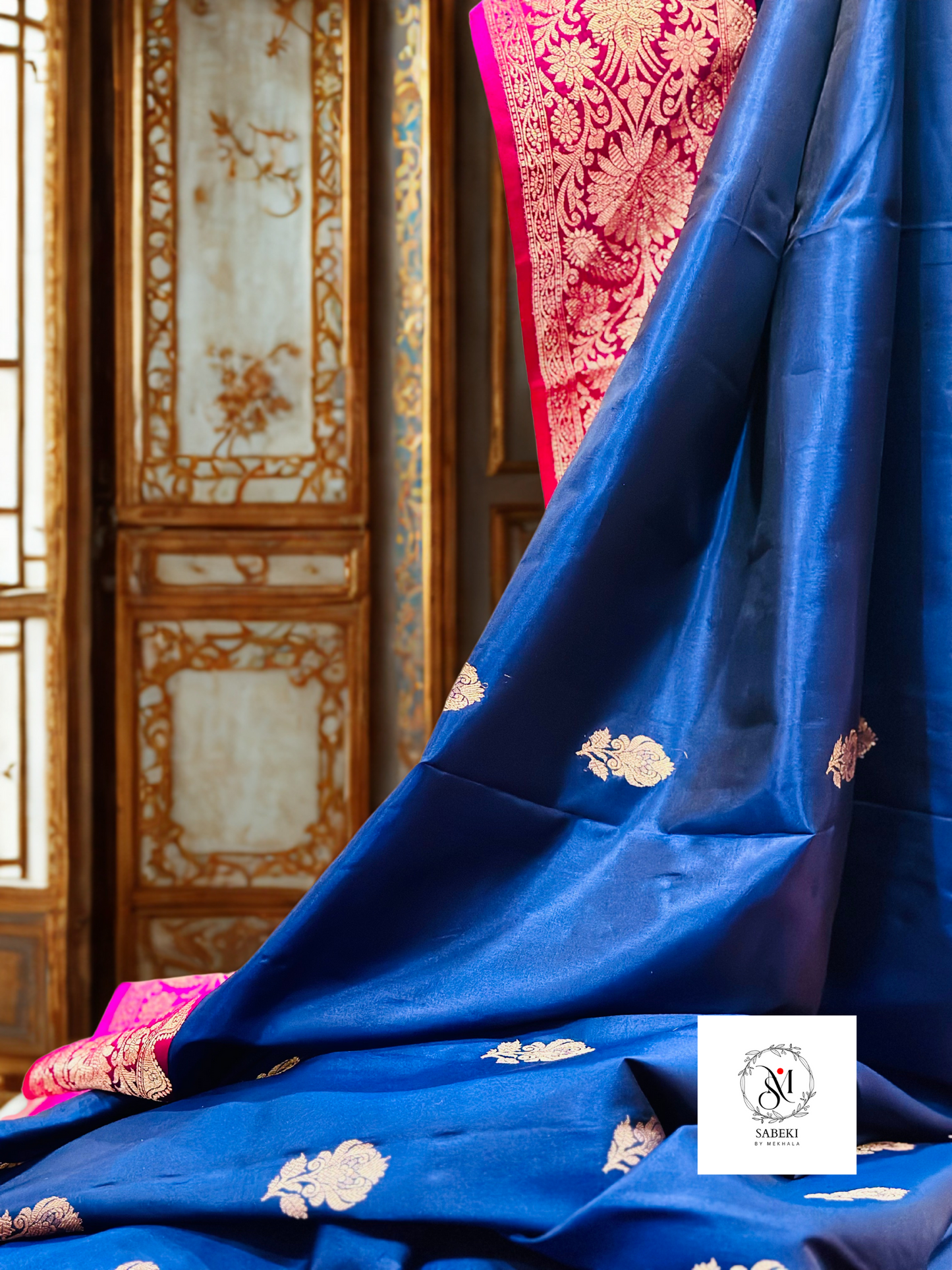 Handwoven katan banarasi - Blue and rani pink