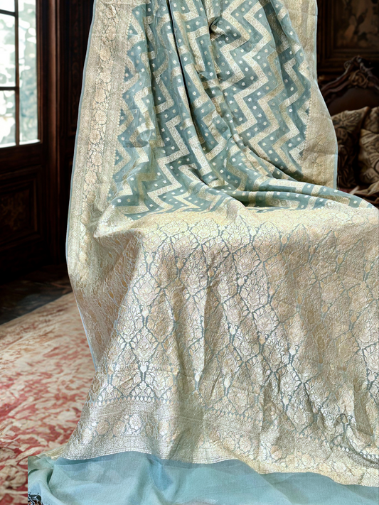 Khaddi georgette Banarasi in Pastel Aqua Blue with Antique Zari-2