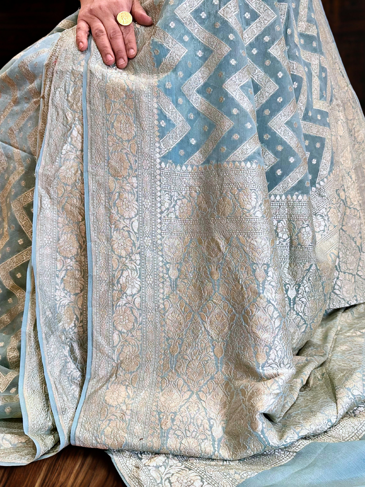Khaddi georgette Banarasi in Pastel Aqua Blue with Antique Zari-2