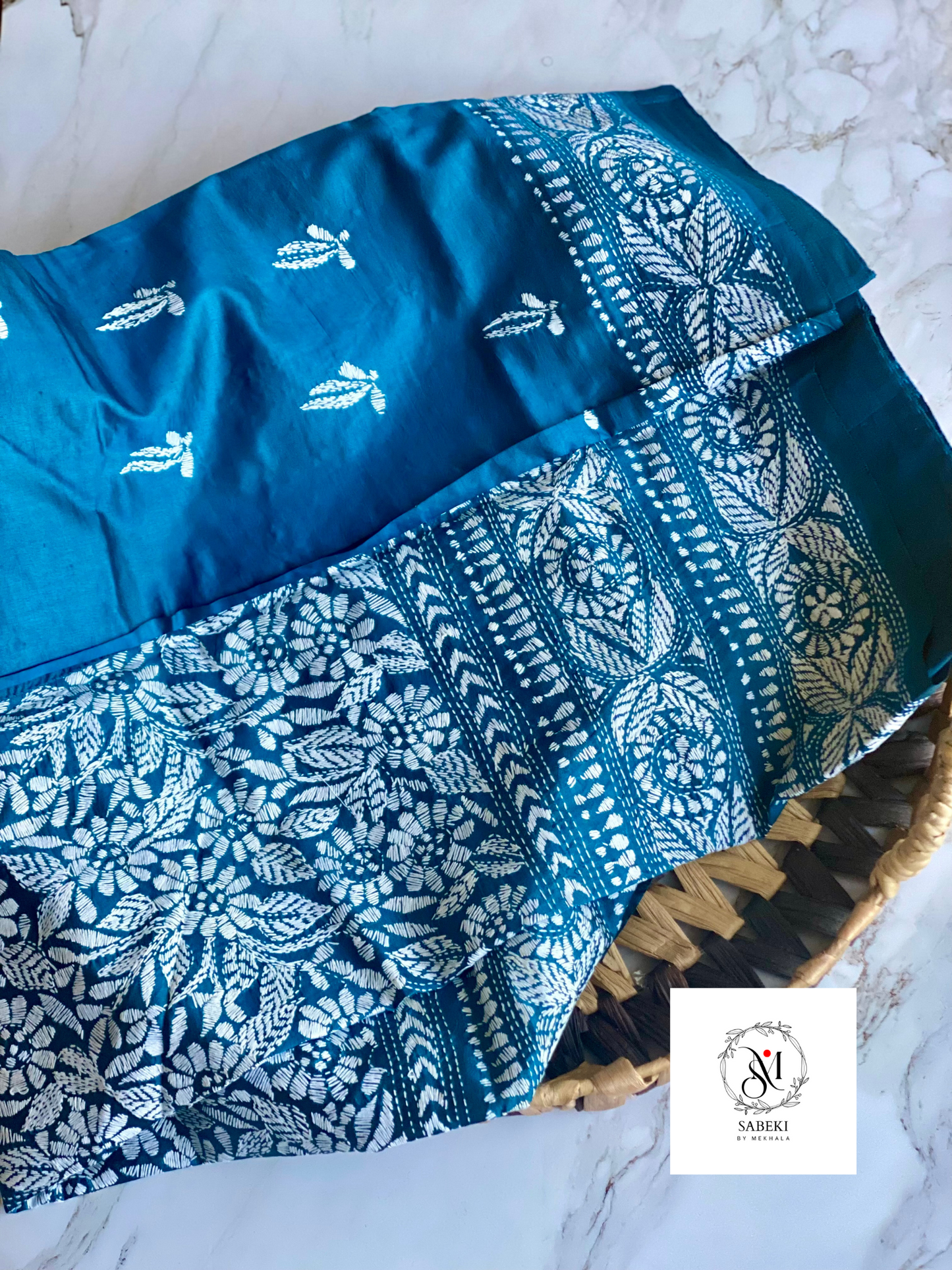 Peacock Blue and White Bangalore Silk Kantha