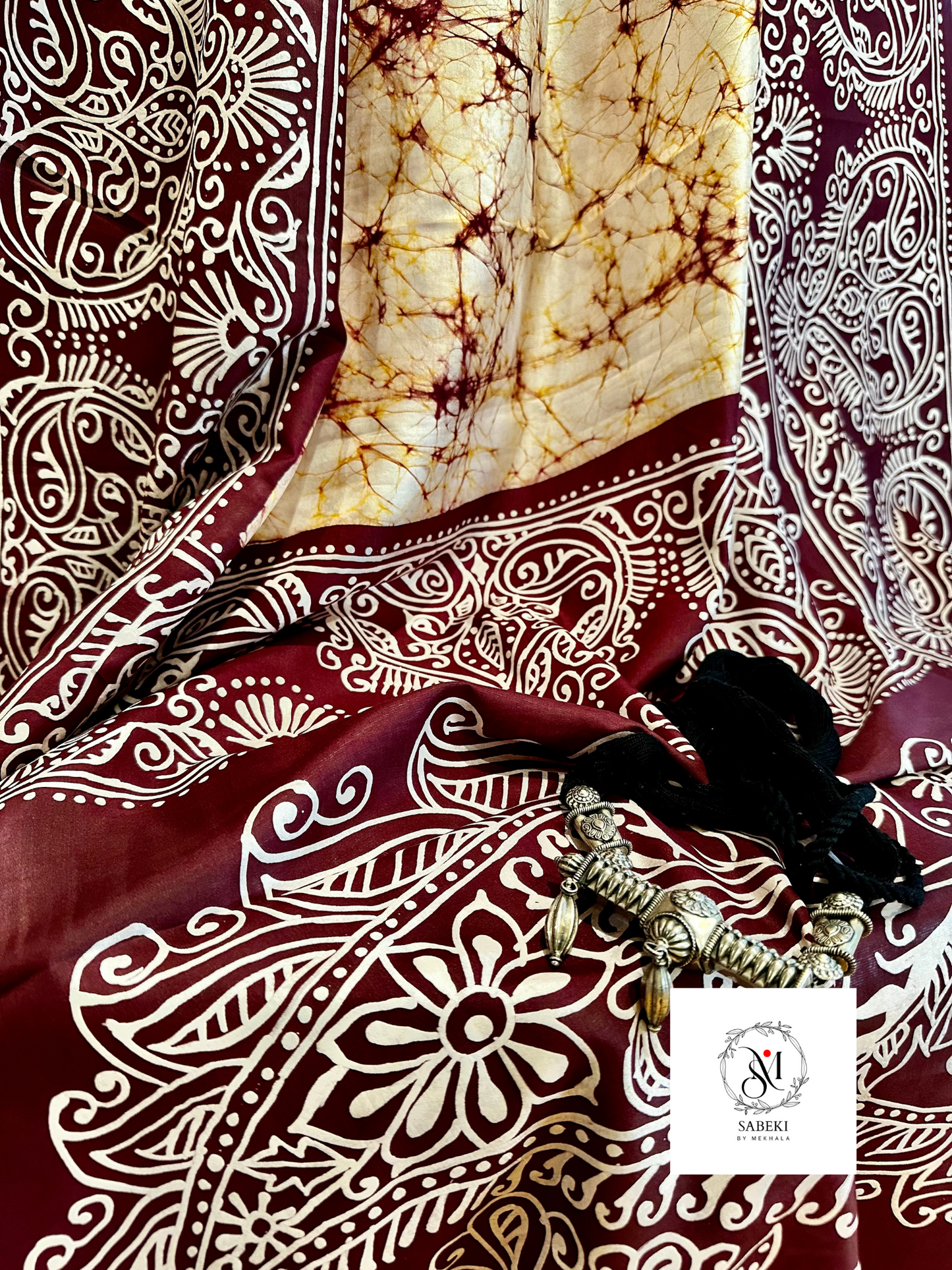 Ambatik on golden color silk with Maroon and white-7