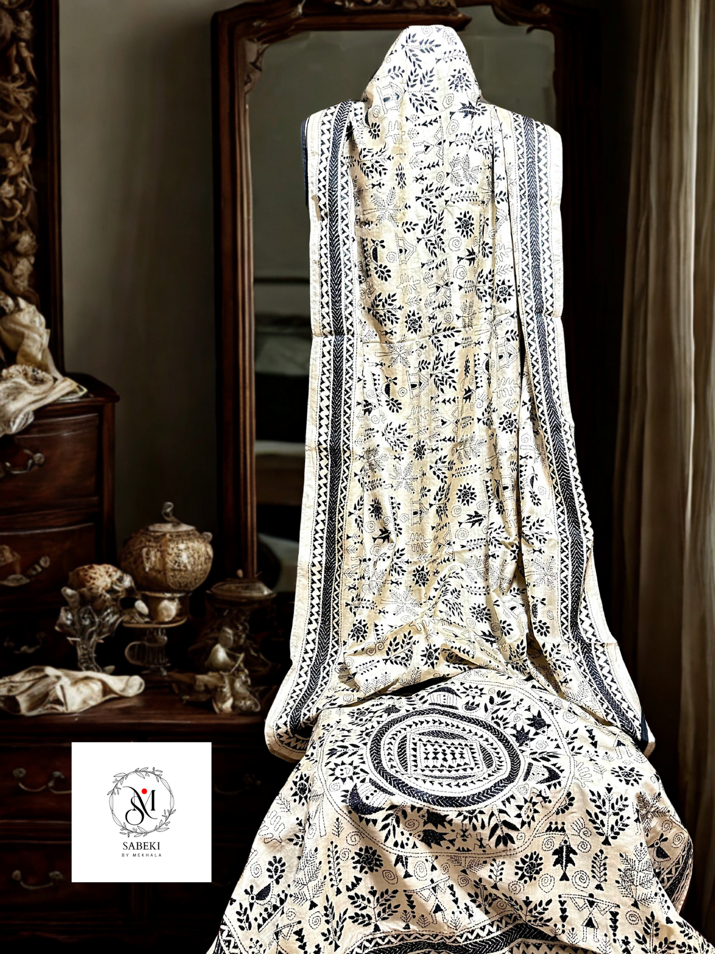 Monochrome Gachi tussar Black thread warli kantha