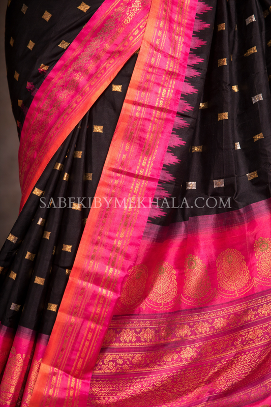 Black and Rani Pink Meenakari Sona Roopa Zari pure silk Gadwal