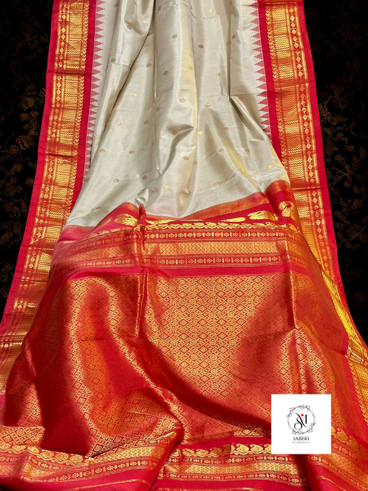 Metallic Gray and Red pure silk Gadwal