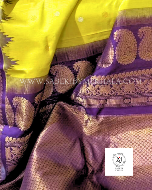 Greenish yellow-Purple Sona-Roopa Zari Silk Gadwal