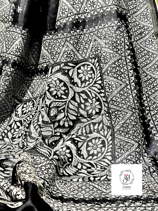 Charcoal Black and White Tussar Kantha