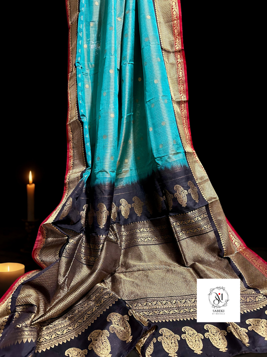 Sea-Green and Black pure silk Gadwal