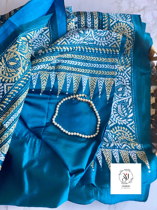 Peacock Blue and White Bangalore Silk Kantha