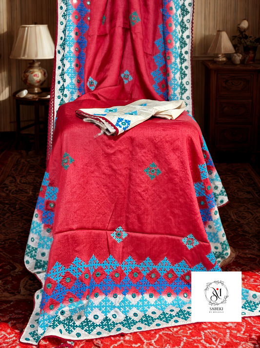 Burnt Red Dyed Tussar Gujrati