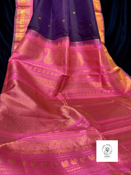 Aubergine purple and Pink pure silk Gadwal