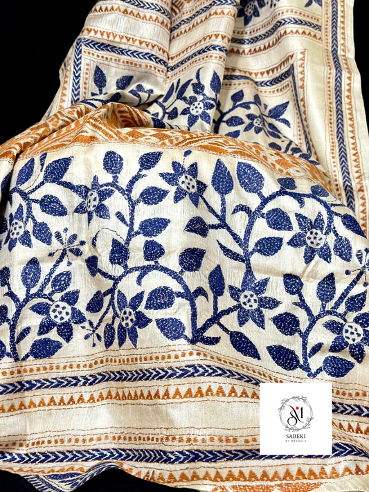 Gachi Tussar Kantha with navy Blue and Brown 3 part design