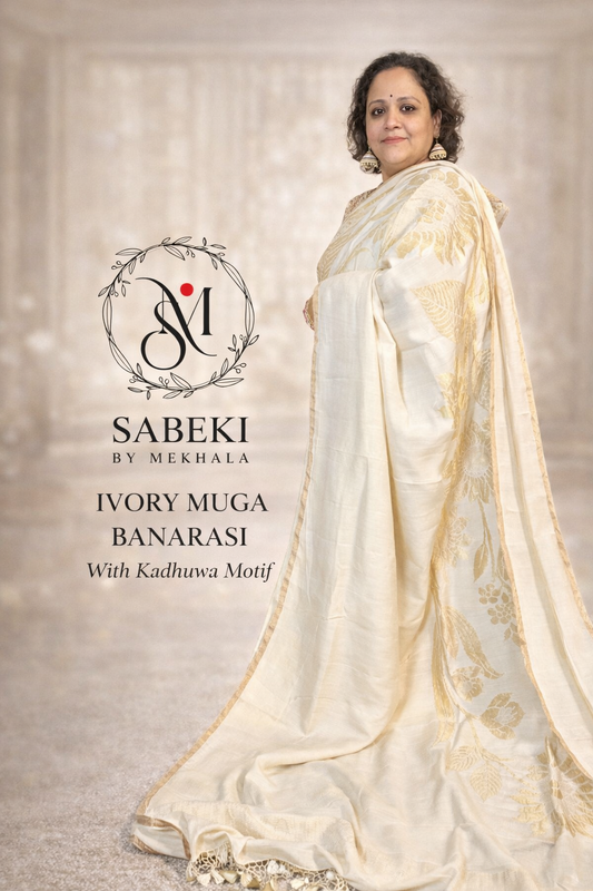 Pure Muga Contemporary Banarasi-Off-White wrapping Naksha motif