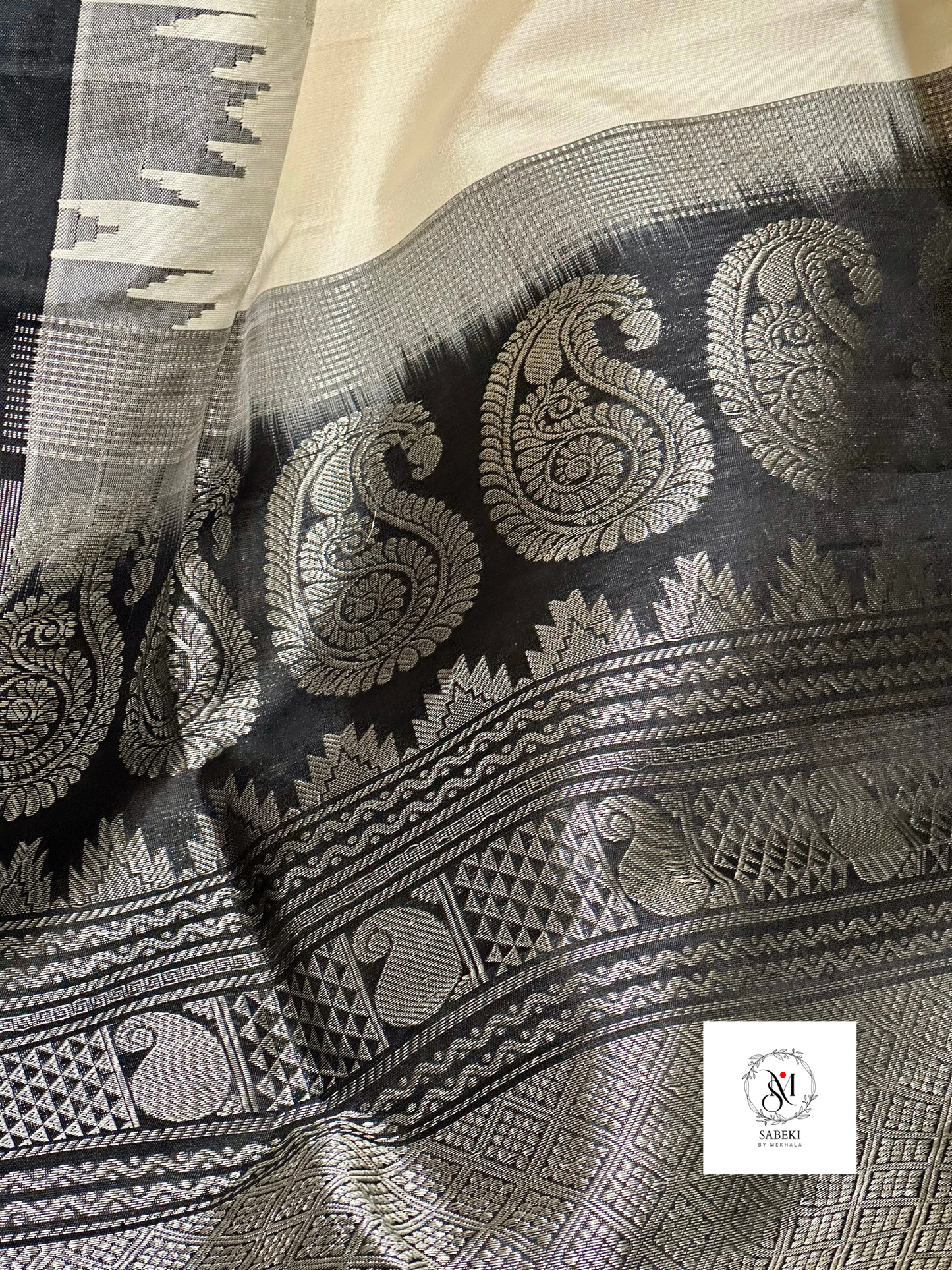 Off-White and Black Rare Silver Zari Pure Silk Gadwal