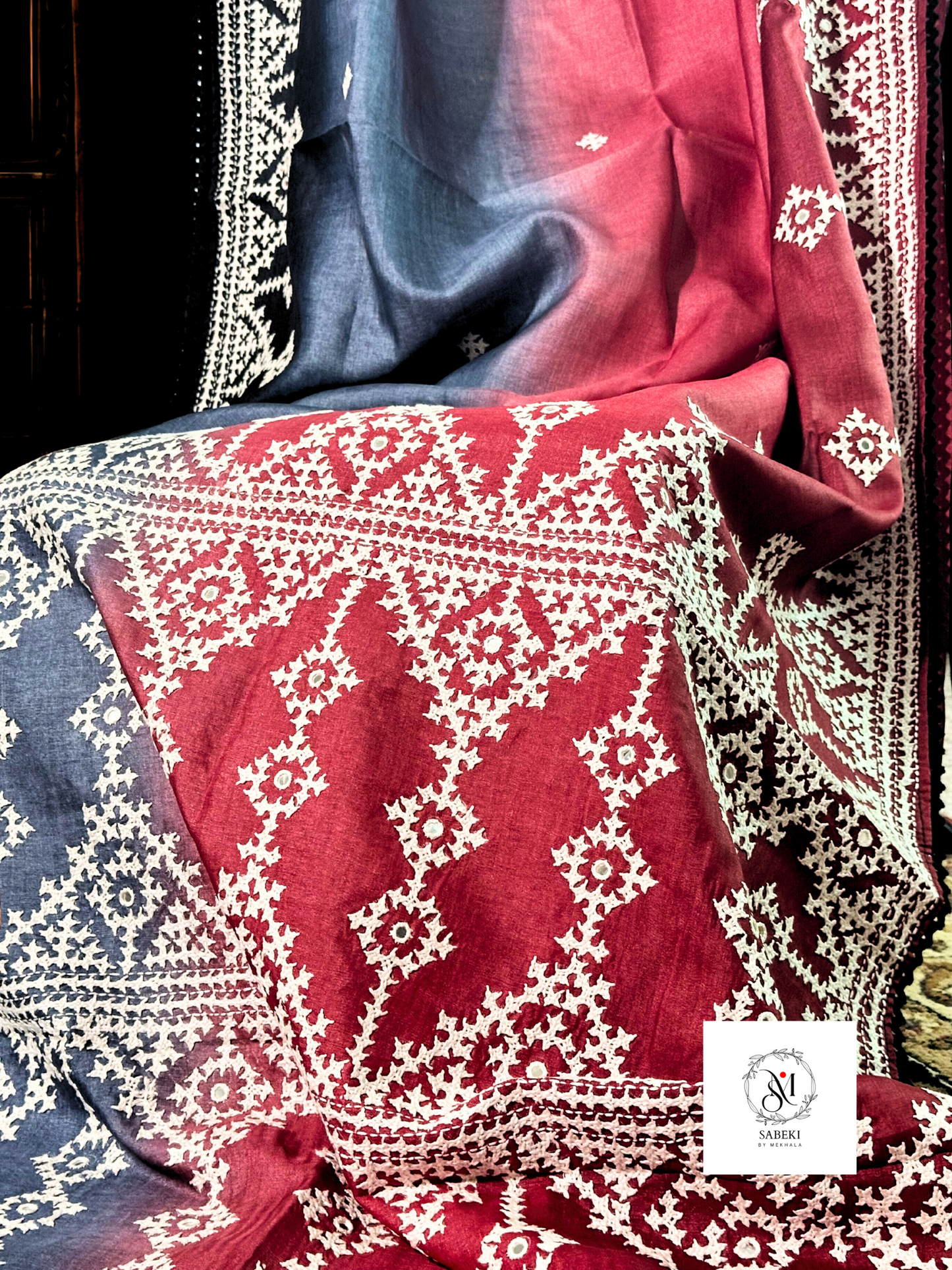 Black, Red and steel gray Tussar with Kutch embroidery