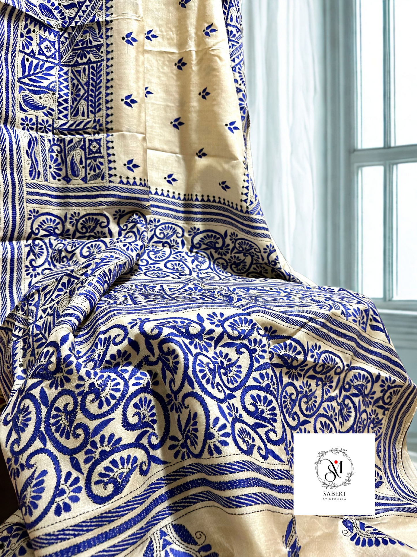 Pure Gachi Tussar Kantha with Blue Thread