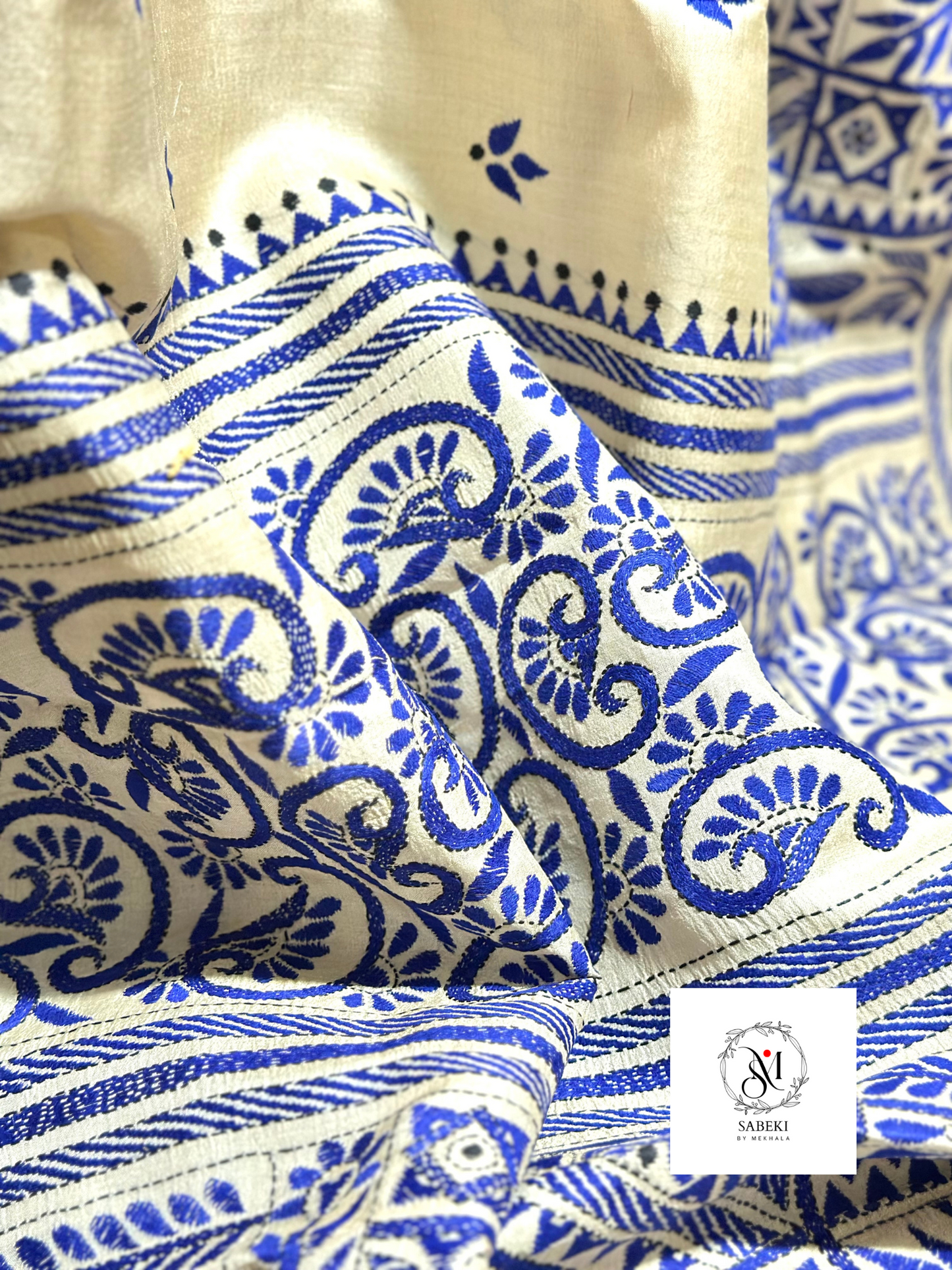 Pure Gachi Tussar Kantha with Blue Thread