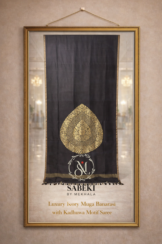 Pure Muga Contemporary Banarasi-Black single tear drop motif