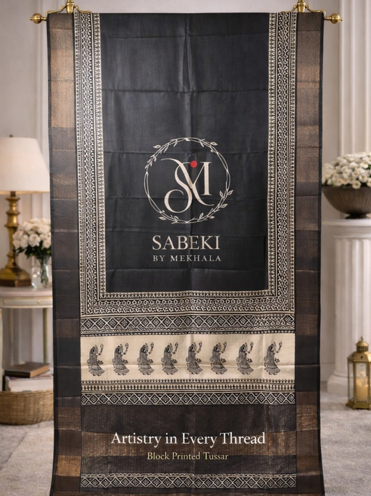 Elegant Monochrome Hand Block Printed Pure Tussar with Border