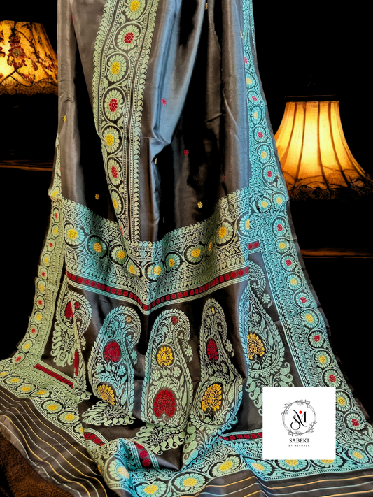 3 Border Pachapere Revival Baluchari in Black and Turquoise