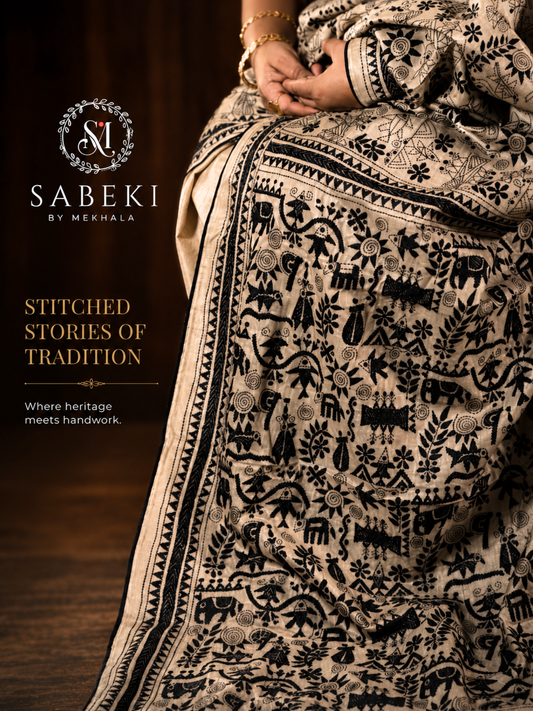 Monochrome Gachi tussar Black thread warli kantha