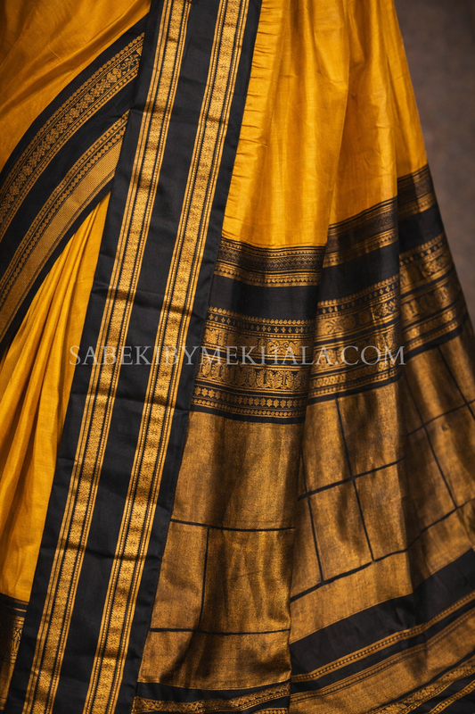 Mustard Yellow and Black pure silk Gadwal