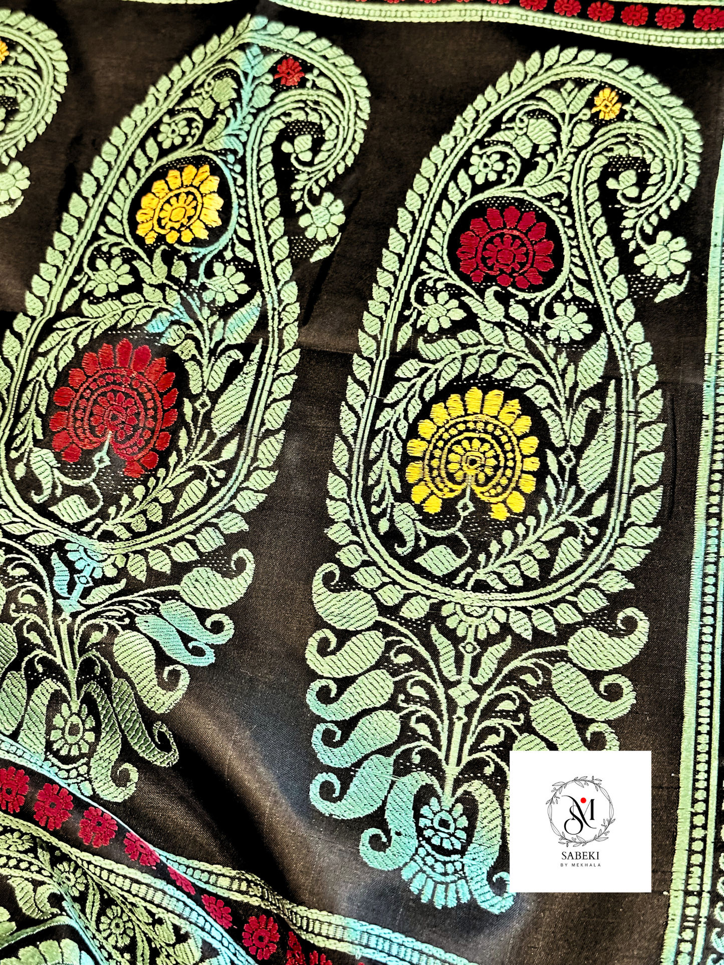 3 Border Pachapere Revival Baluchari in Black and Turquoise