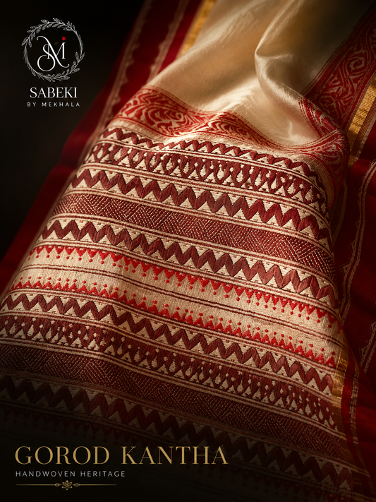 Close-up of crimson red Alpona Kantha hand embroidery on pure off-white Gorod silk saree pallu