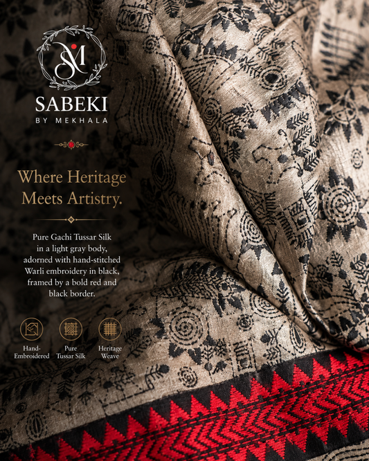 Close-up of intricate black thread Kantha embroidery on gray Tussar silk at Sableki by Mekhala