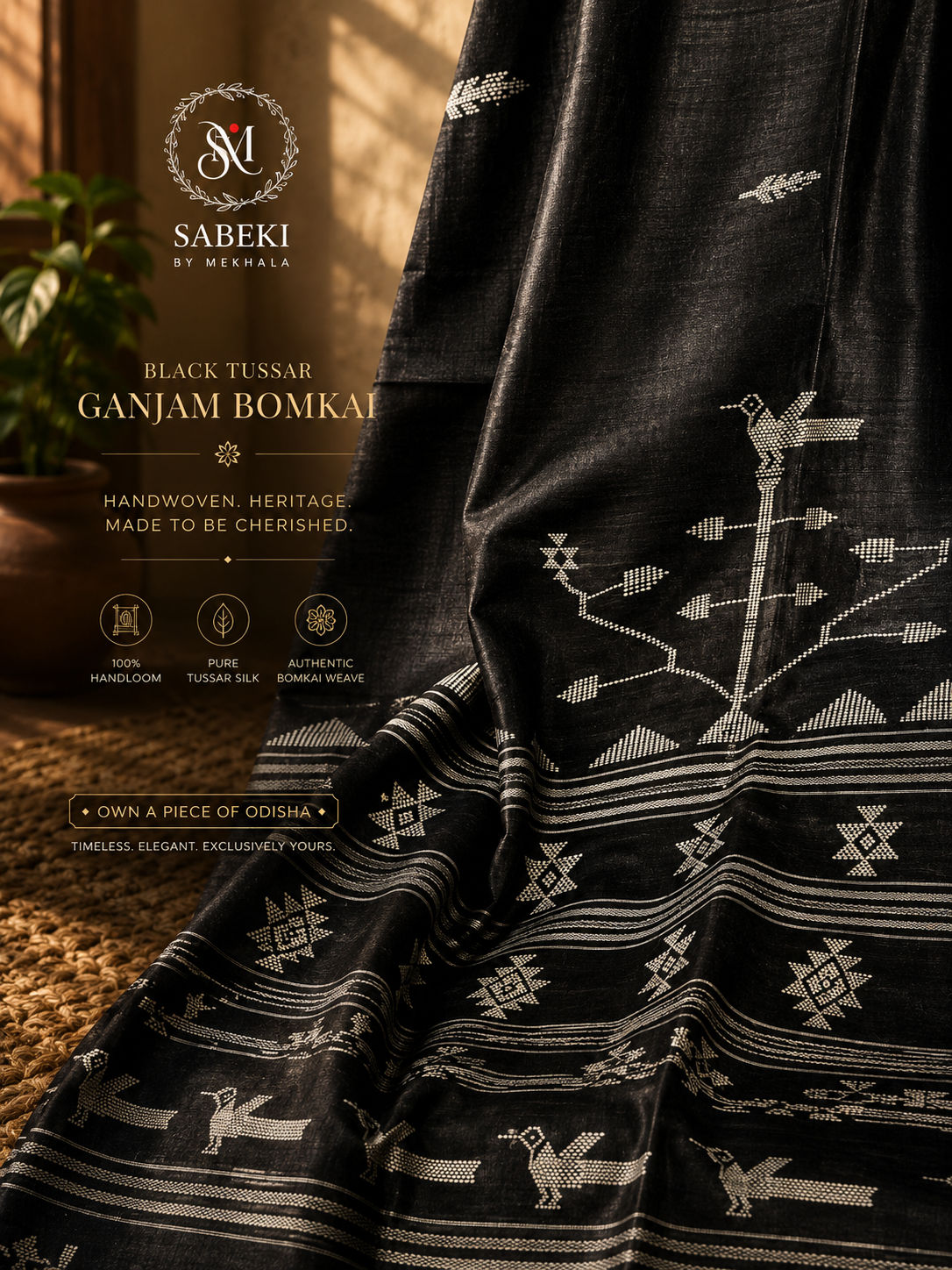 Ganjam Bomkai (Tussar) in Steel Gray body and off white thread close up of body