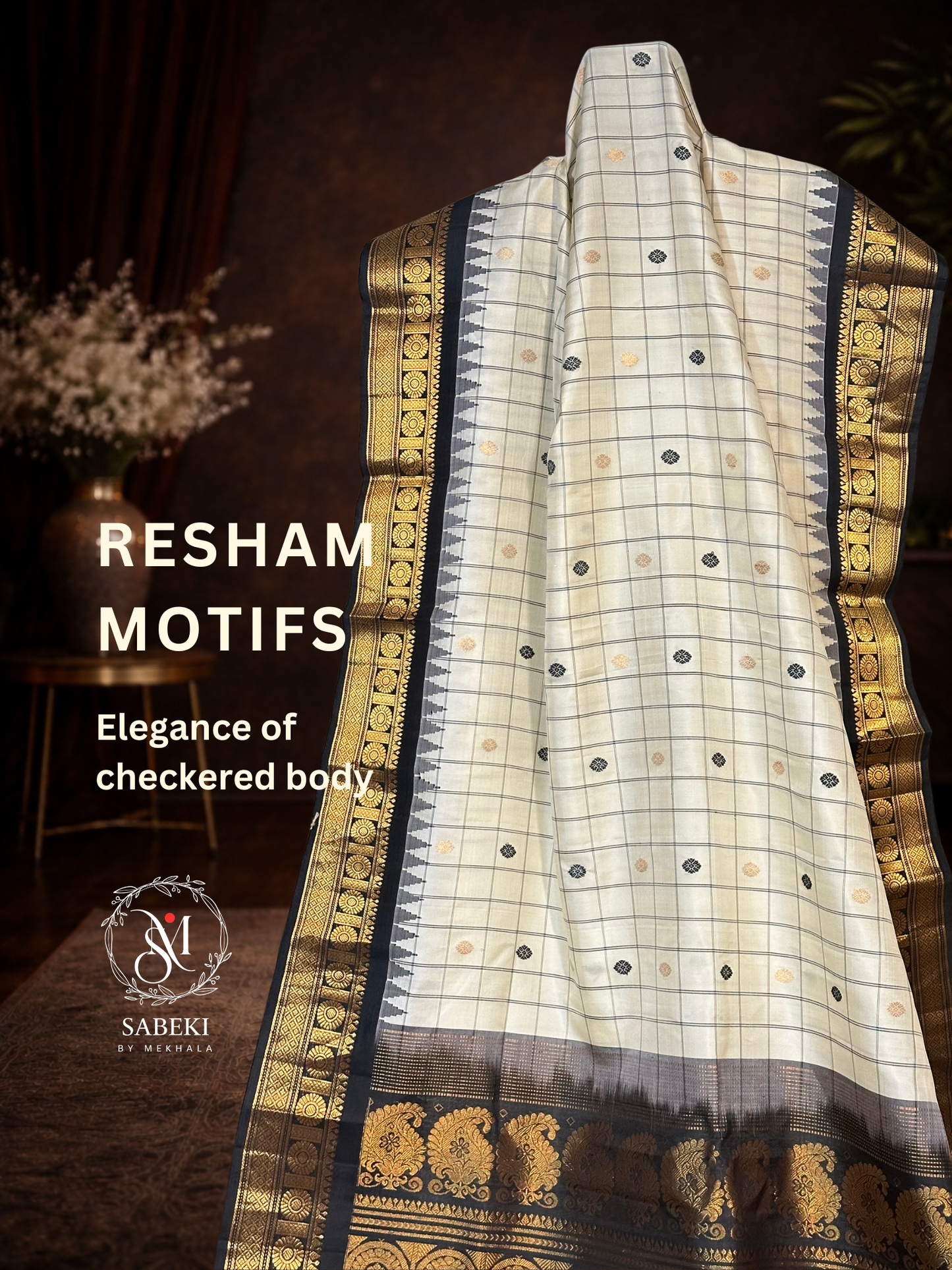 Monochrome off-white and Black Checkered Silk Gadwal
