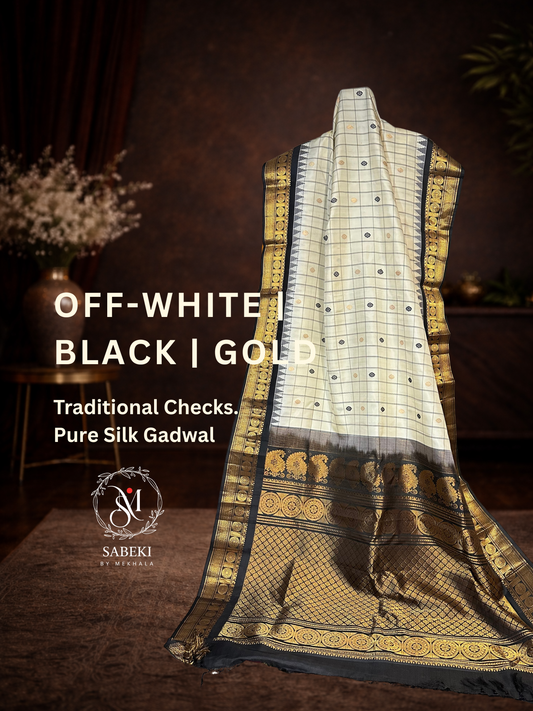 Monochrome off-white and Black Checkered Silk Gadwal