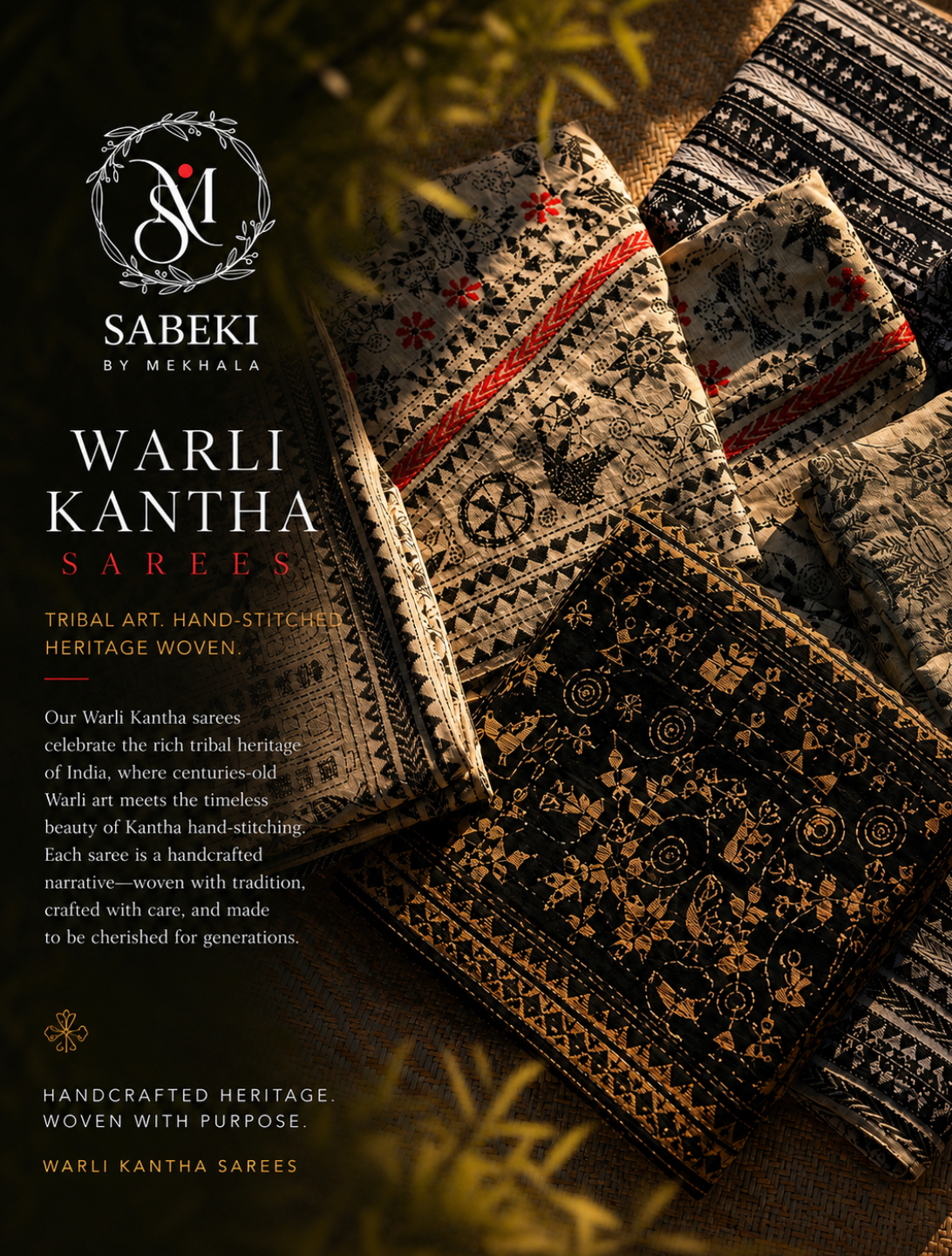 Warli Kantha sarees with intricate patterns on a dark background, featuring Sabeki By Mekhala branding.
