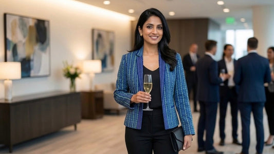 Hand embroidered Kantha jacket styled for corporate event