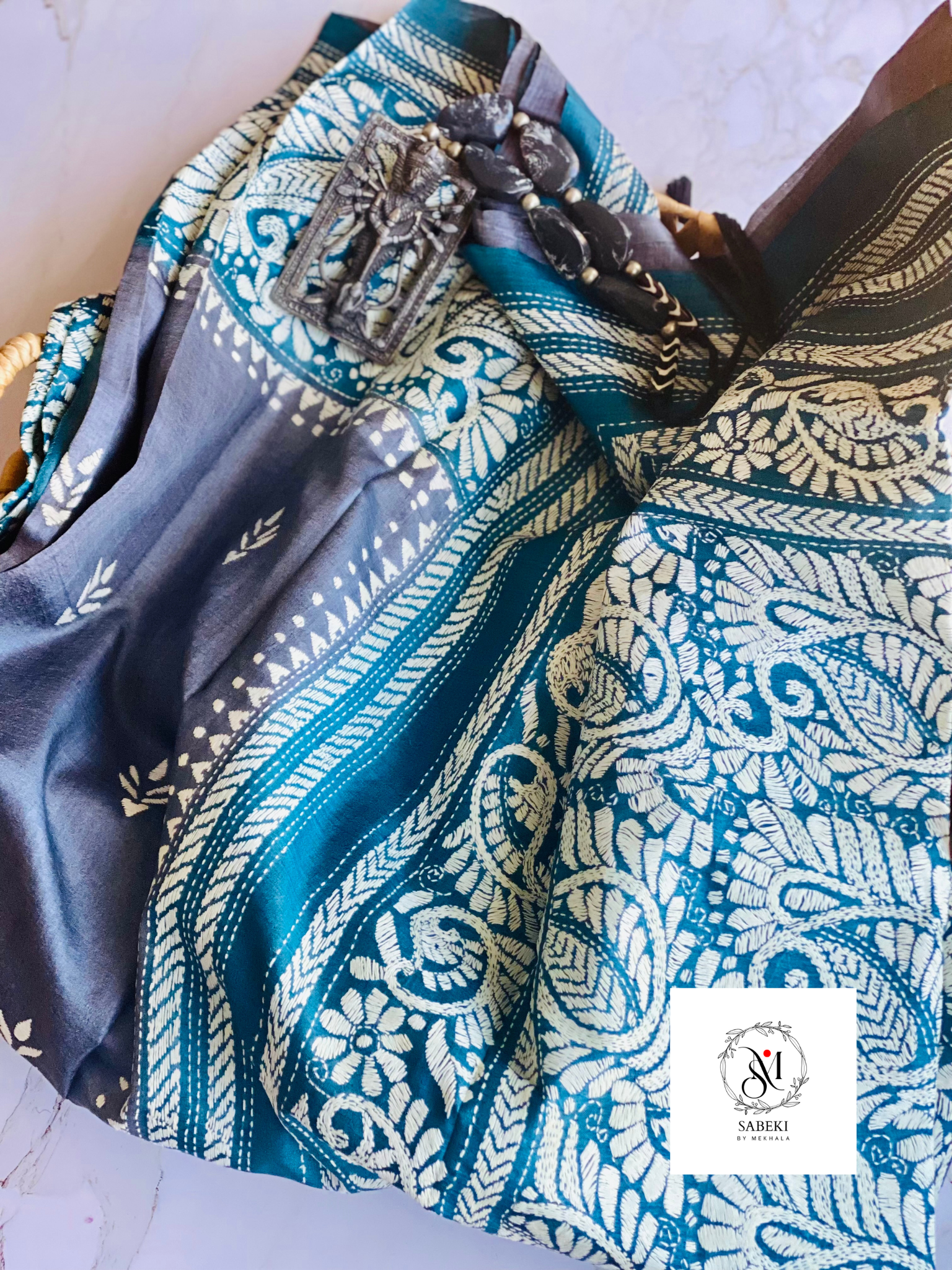 Meenakari kantha on Gachi Tussar peacock blue and Steel gray