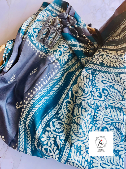 Meenakari kantha on Gachi Tussar peacock blue and Steel gray