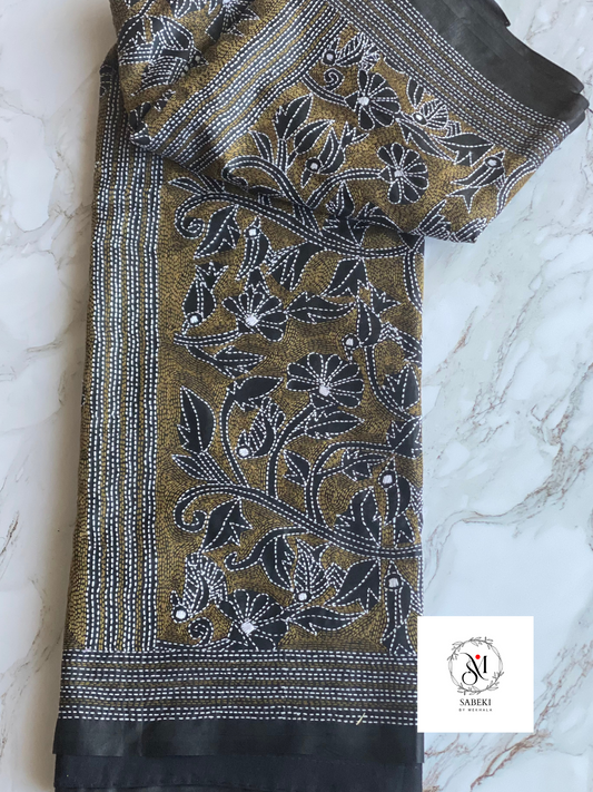 Black and Mustard Yellow Bird Kantha