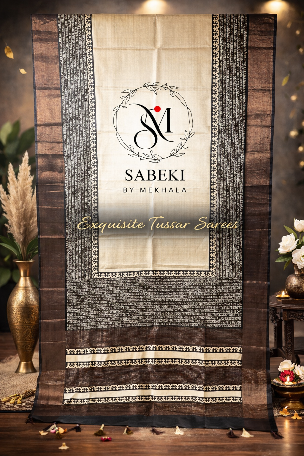 A scripted tussar in monocrome-3 (Off white body)