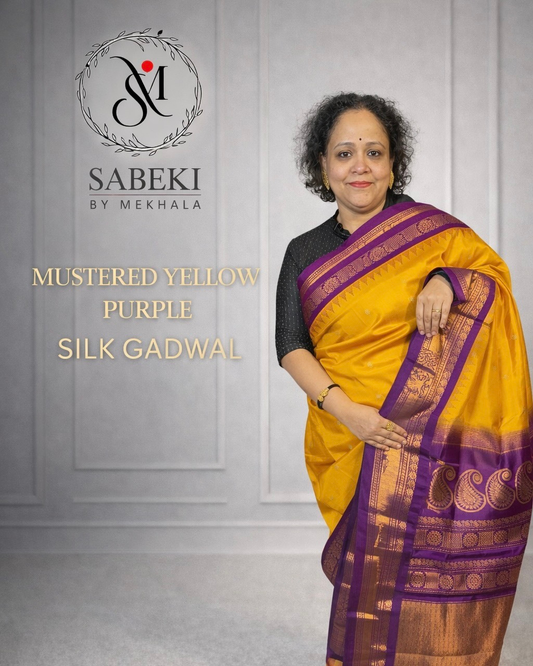 Mustard yellow-Purple Sona-Roopa Zari Silk Gadwal