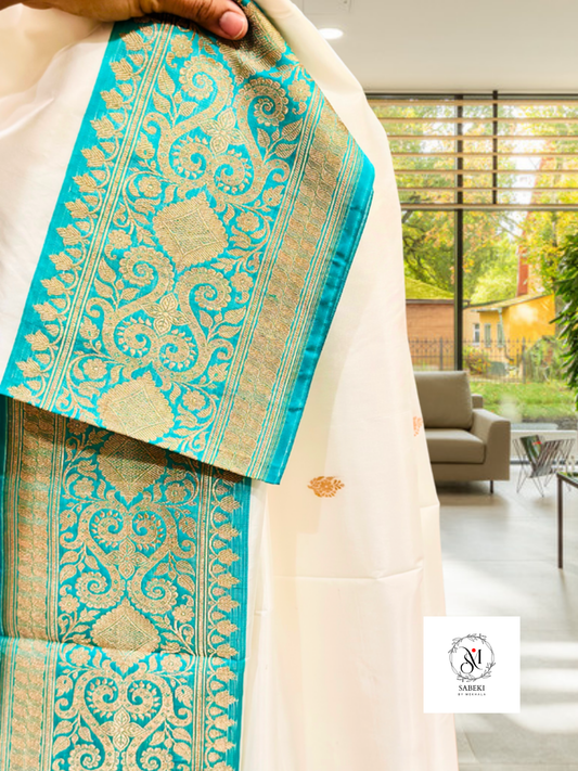 Handwoven Pure Katan Banarasi White-Sea green