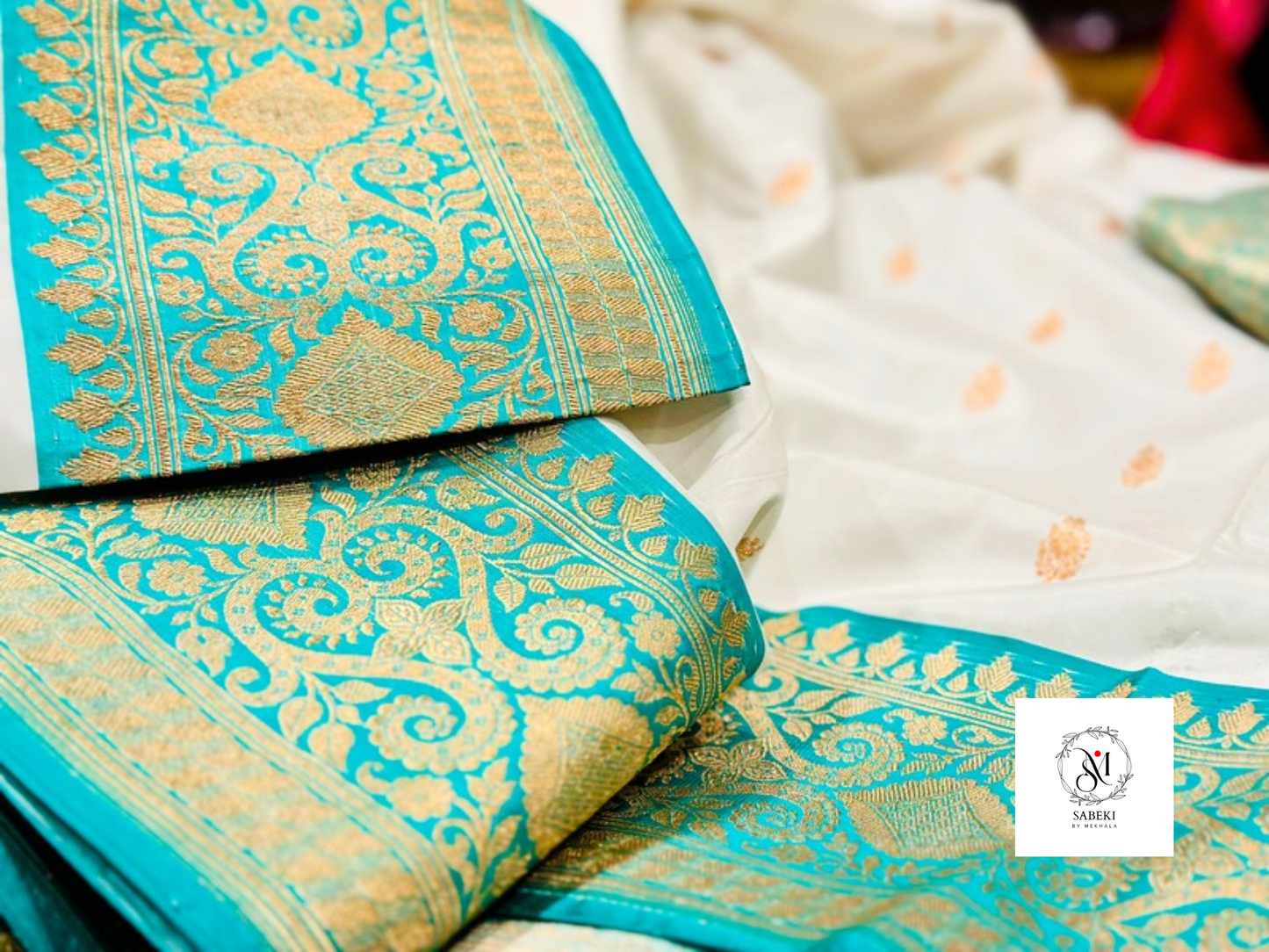 Handwoven Pure Katan Banarasi White-Sea green