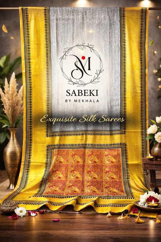 scripted tussar saree Yellow border