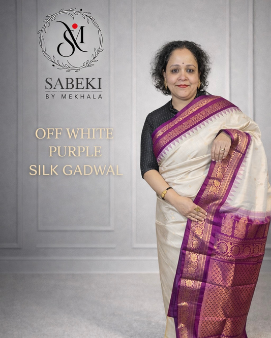 Off-White and Purple pure silk Gadwal