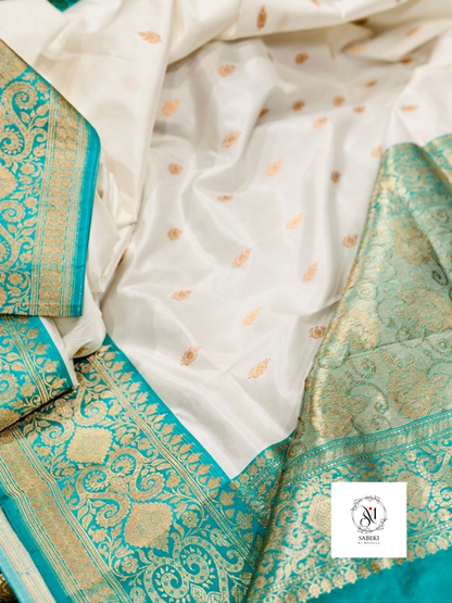 Handwoven Pure Katan Banarasi White-Sea green