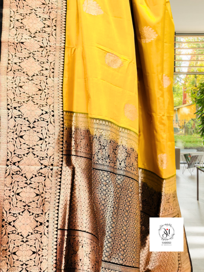 Handwoven pure Katan Banarasi Mustard-Black