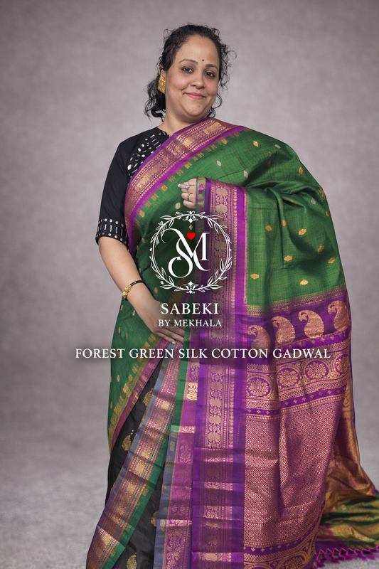 Mehendi Green and Purple Silk-Cotton Gadwal