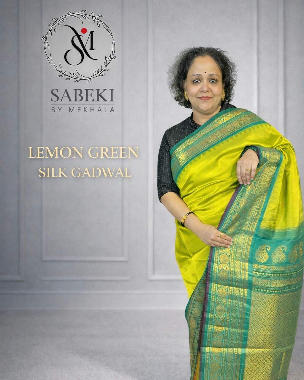 Lime Green and Turquoise pure silk Gadwal