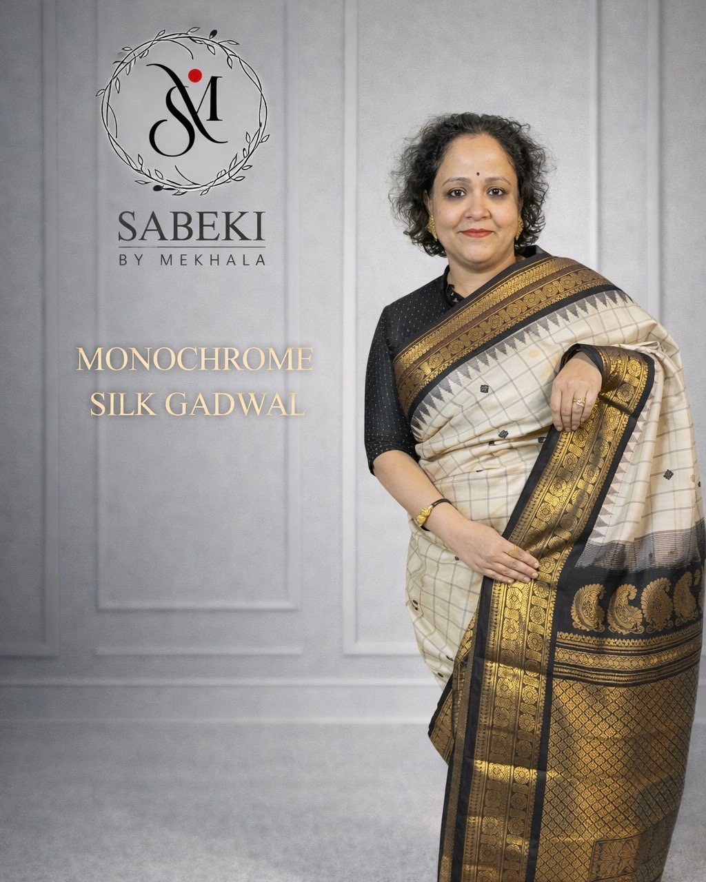 Monochrome off-white and Black Checkered Silk Gadwal