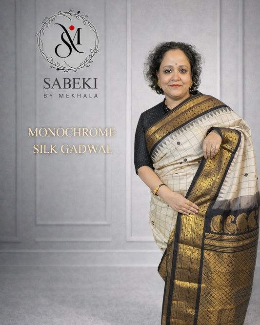 Monochrome off-white and Black Checkered Silk Gadwal