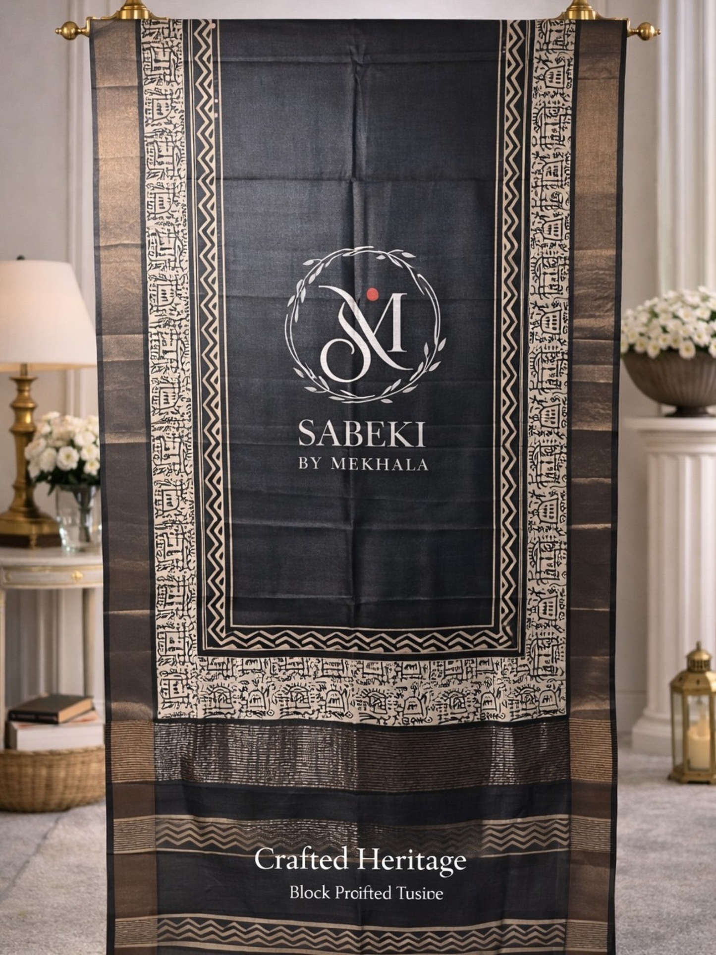 Elegant Monochrome Hand Block Printed Pure Tussar with Border and Chevron Design